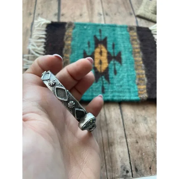 Navajo New Leander Turquoise & Sterling Silver Tufa Cast Cuff Bracelet Signed
